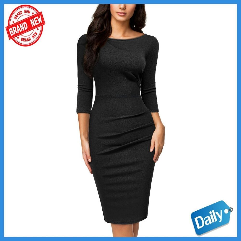 Retro Ruffle 2/3 Sleeve Slim Work Dress Pencil Style